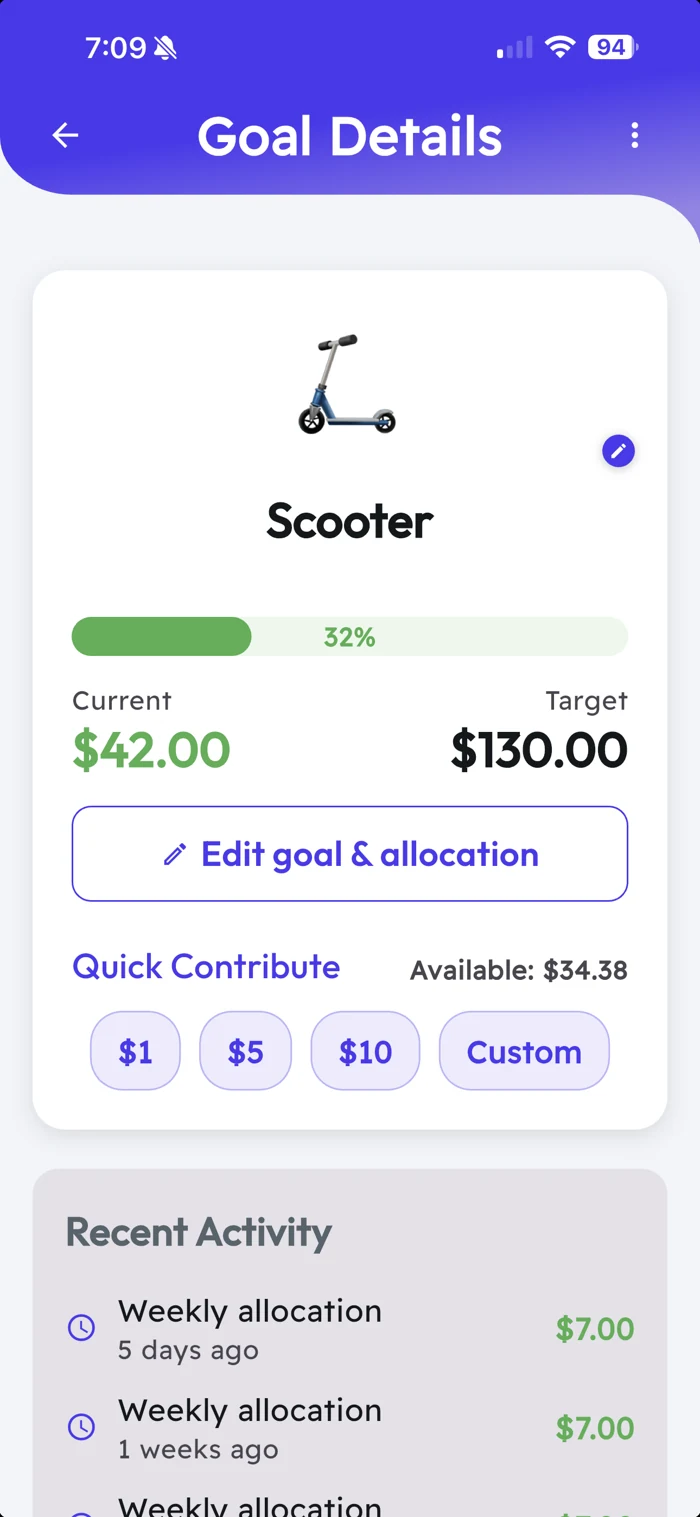 Pumpkin's kid view of a Scooter savings goal at 32 percent, with weeks-to-go and an accelerate option
