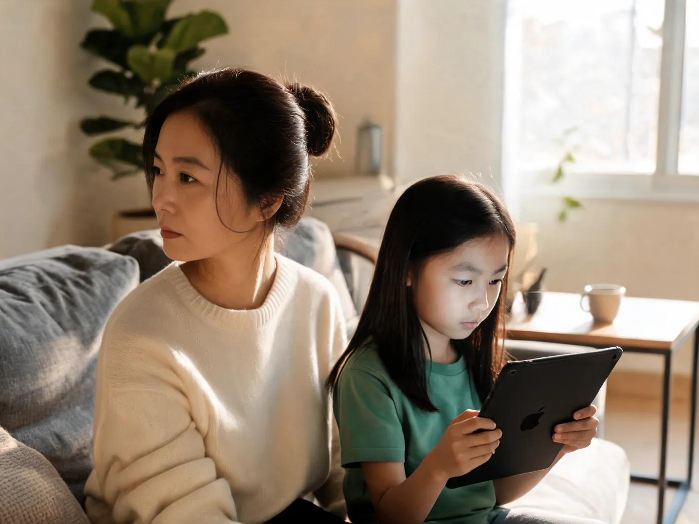 A mother sits beside her young daughter on the couch as the girl uses a tablet