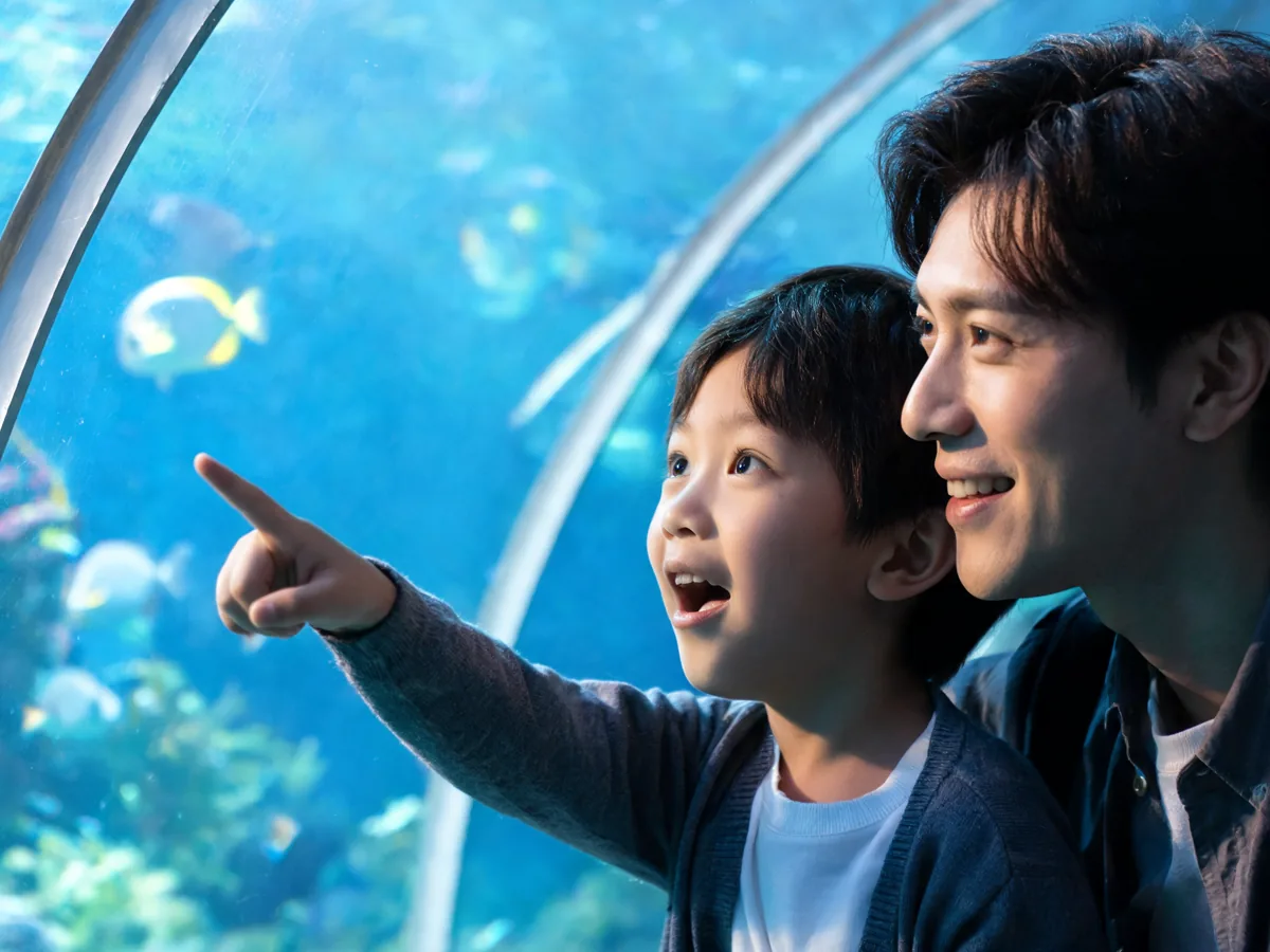 A child and parent watching fish in an aquarium tunnel