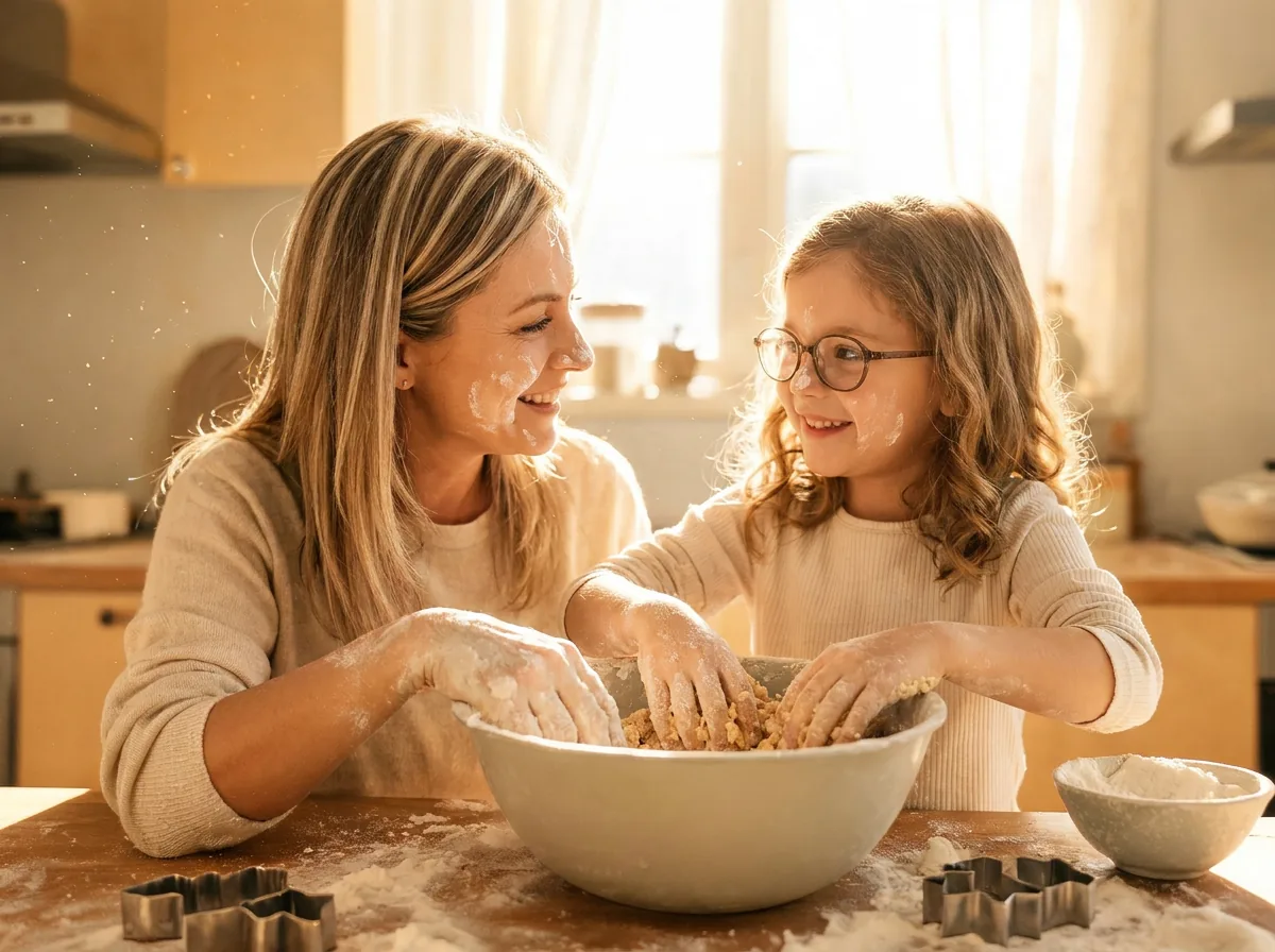 A parent and child baking together in a sunny kitchen