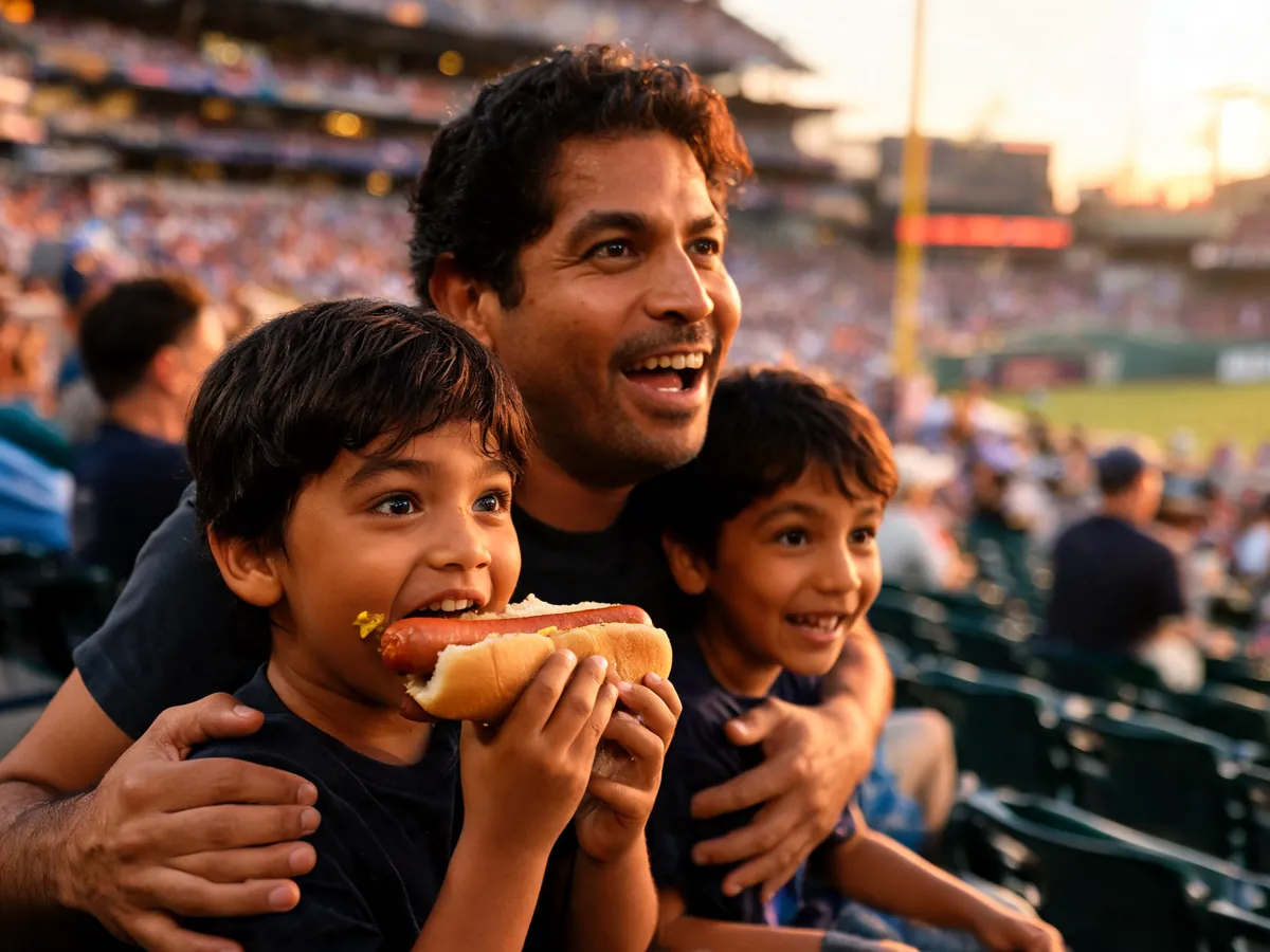 A dad and two boys watching a baseball game and sharing a hot dog
