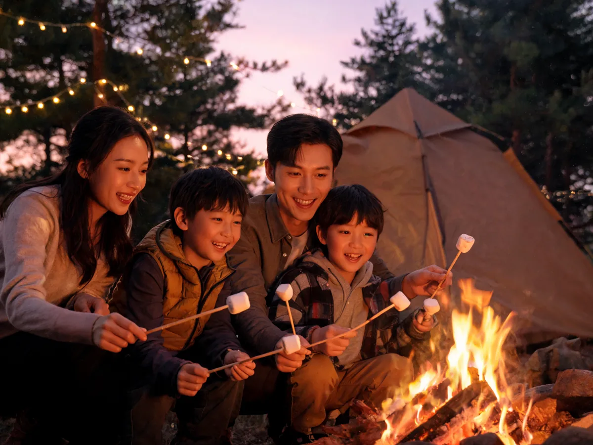 A family roasting marshmallows around a campfire by a tent