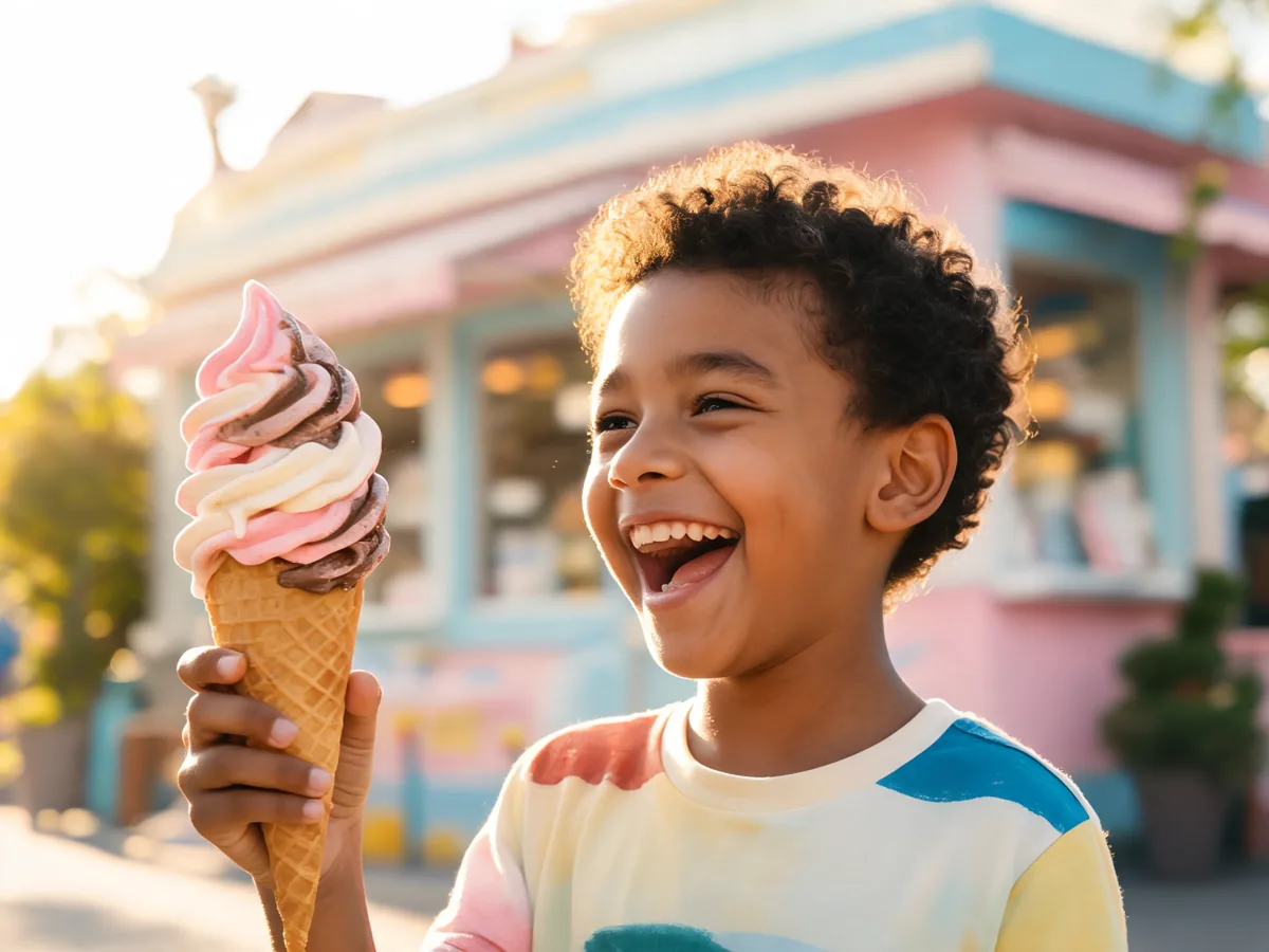A delighted child holding an ice cream cone outside a shop