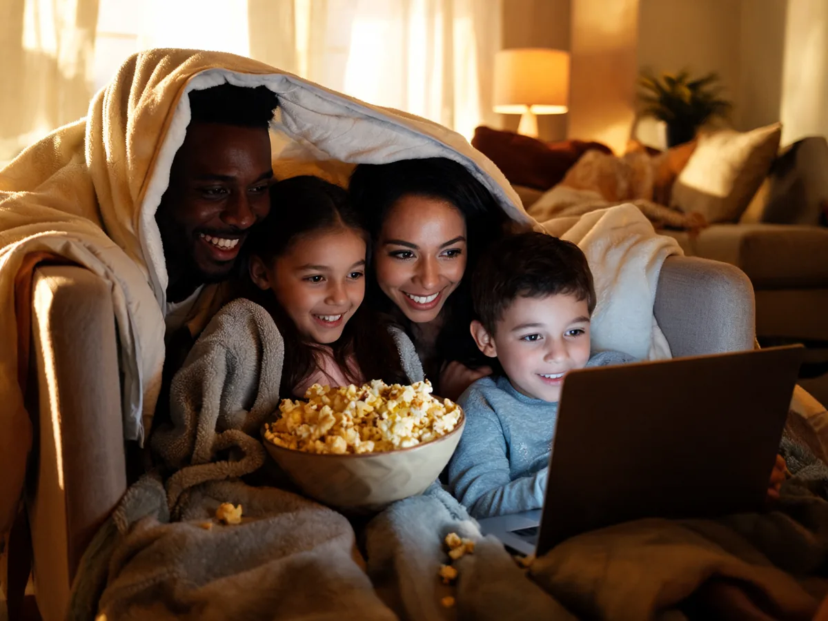 A family under blankets with popcorn watching a movie at home