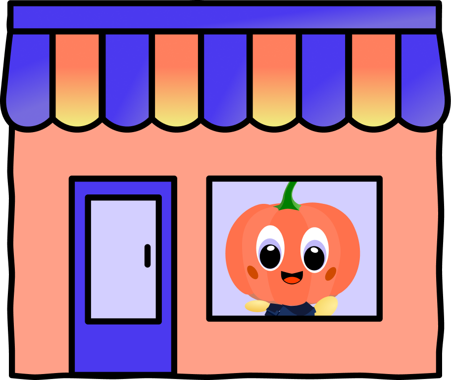 The Pumpkin Patch Family Shop - a storefront with the Pumpkin mascot smiling in the window